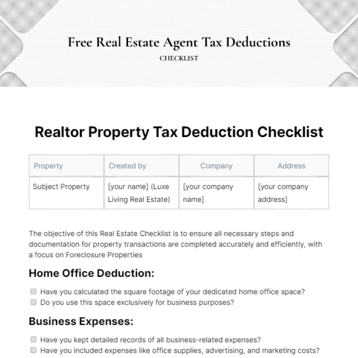Real Estate Agent Tax Deductions Checklist Template