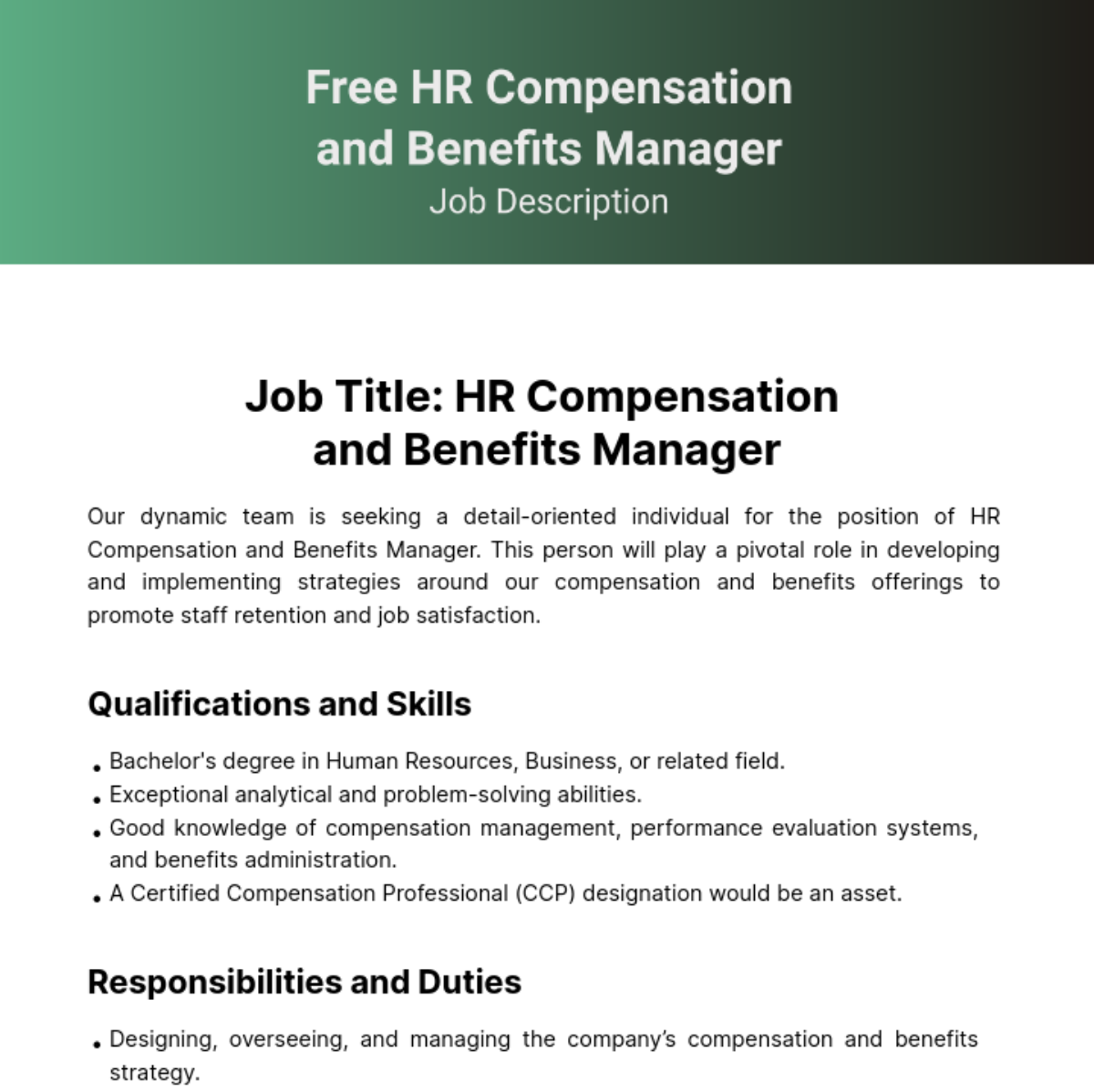 Human Resources (HR) Compensation and Benefits Job Description Template