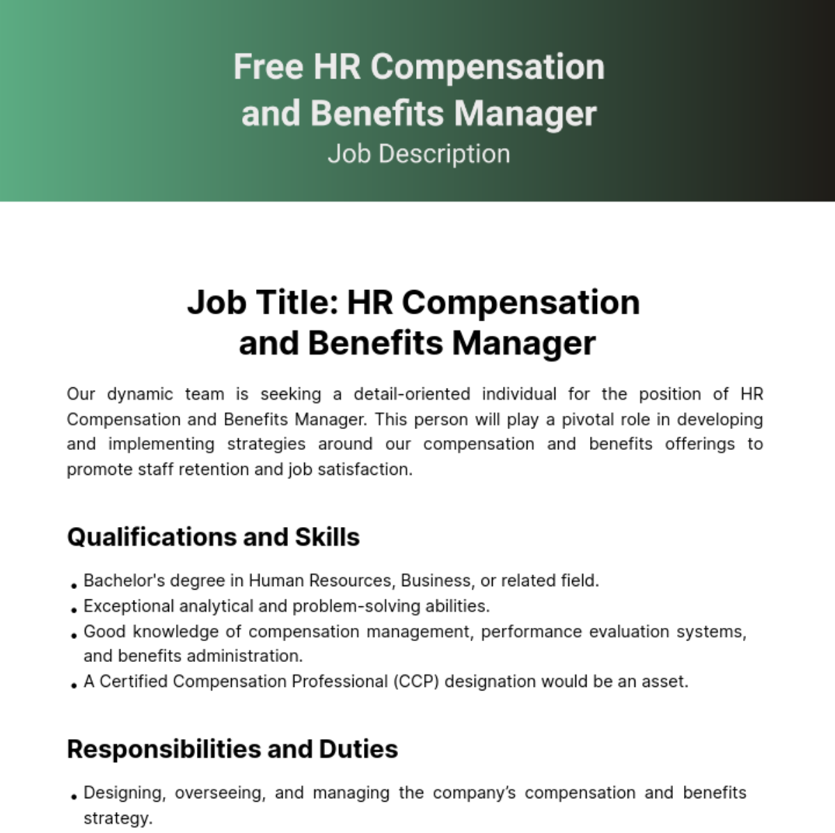 Free Human Resources (HR) Compensation and Benefits Job Description Template