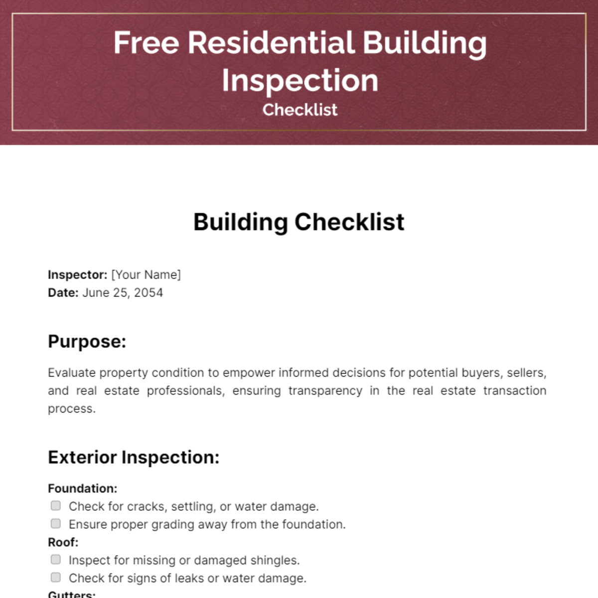 Residential Building Inspection Checklist Template