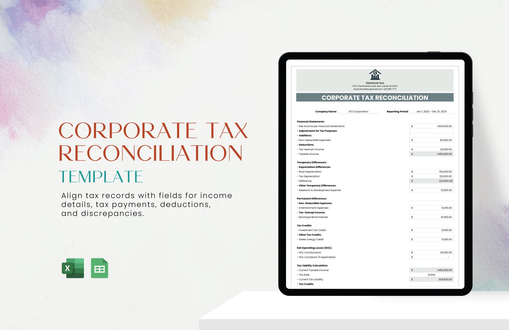 Corporate Tax Reconciliation Template in Excel, Google Sheets