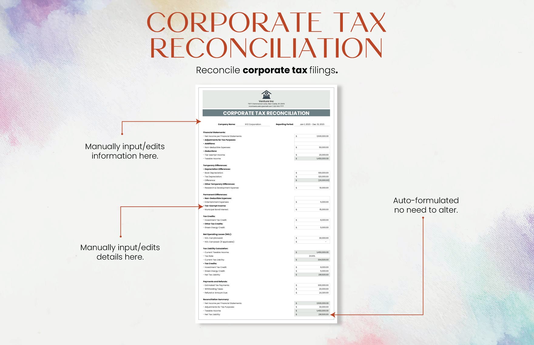 Corporate Tax Reconciliation Template