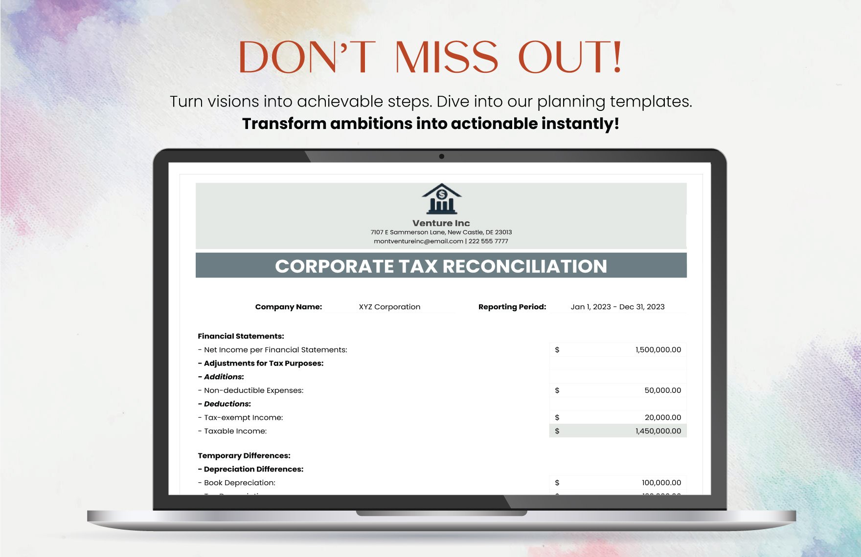 Corporate Tax Reconciliation Template