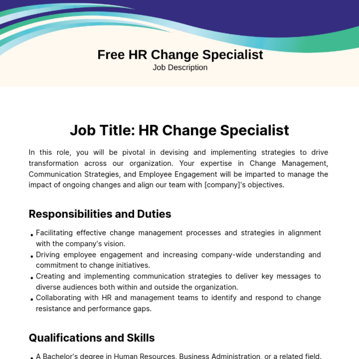 Human Resources (HR) Change Specialist Job Description Template