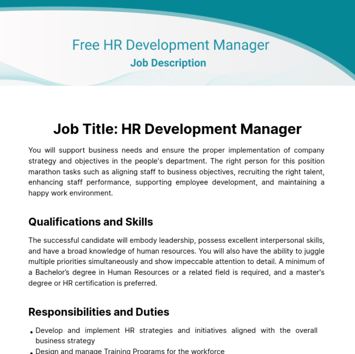 Human Resources (HR) Development Manager Job Description Template
