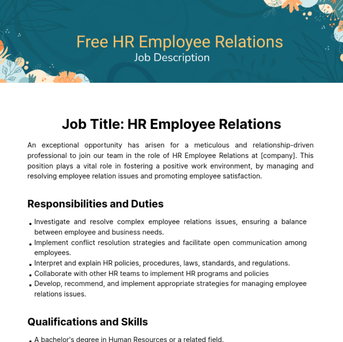 Human Resources (HR) Employee Relations Job Description Template