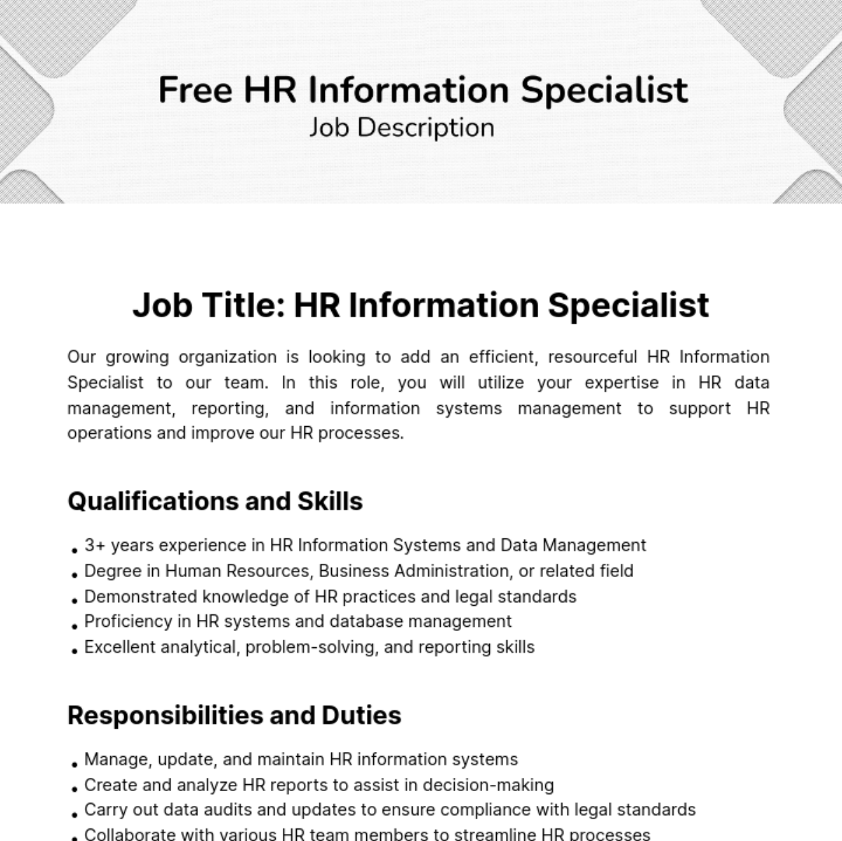 Human Resources (HR) Information Specialist Job Description Template