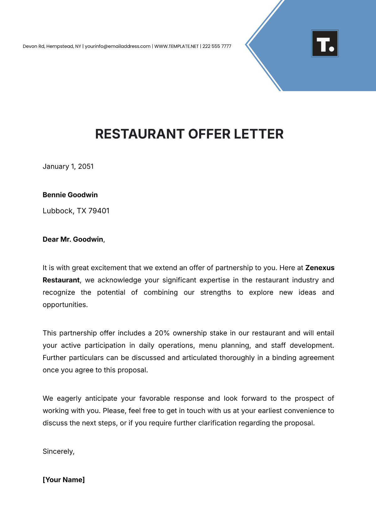 Restaurant Offer Letter Template - Edit Online & Download