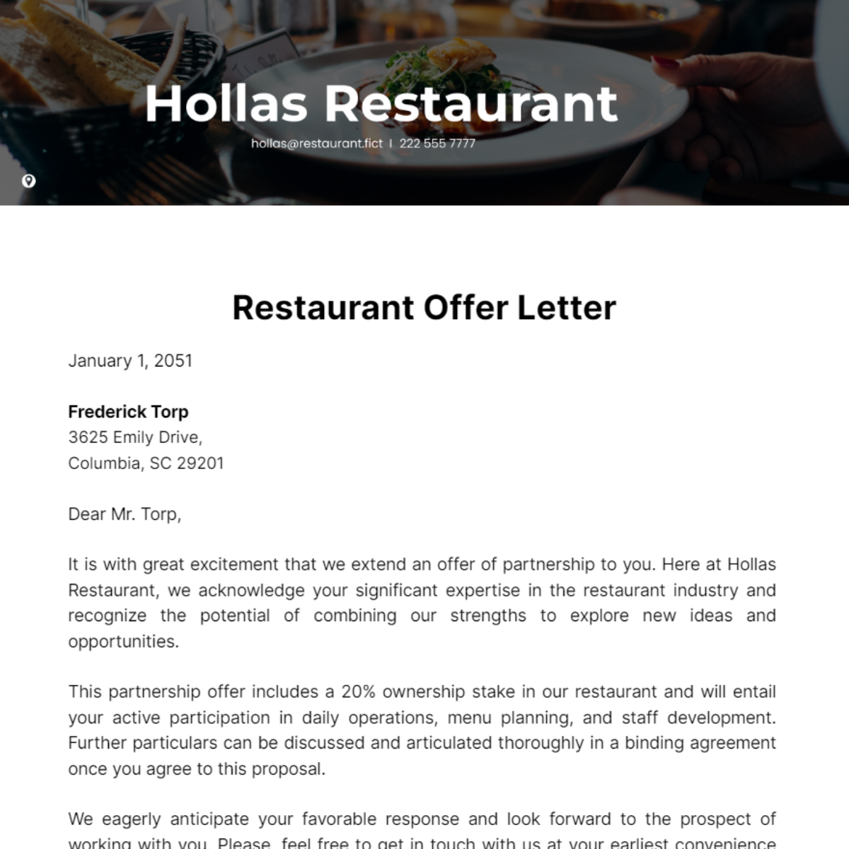 Restaurant Offer Letter Template