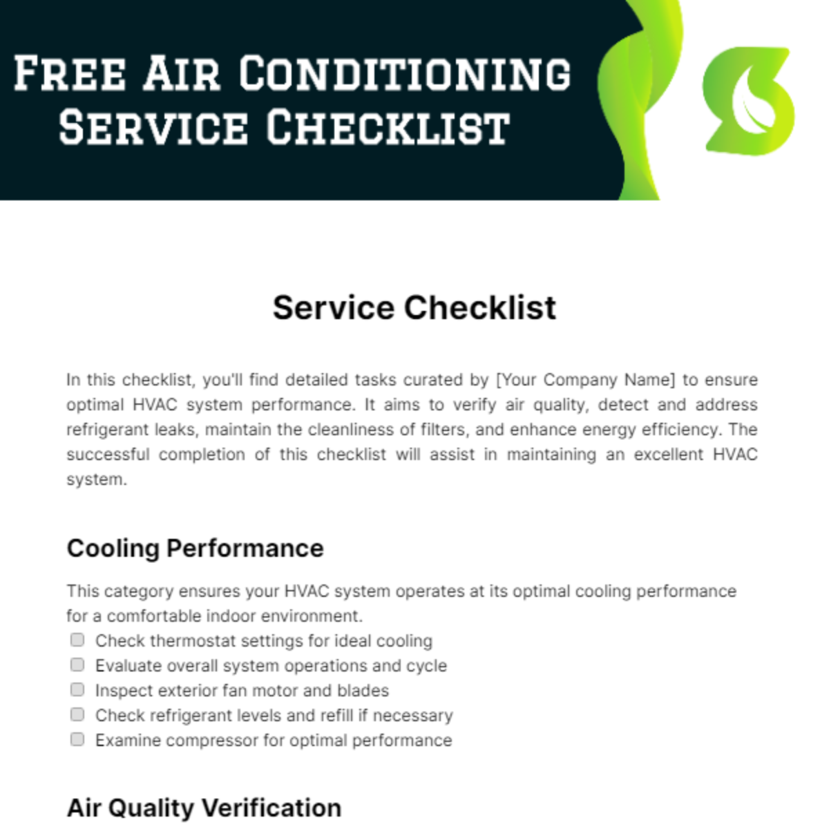 Free Air Conditioning Service Checklist Template