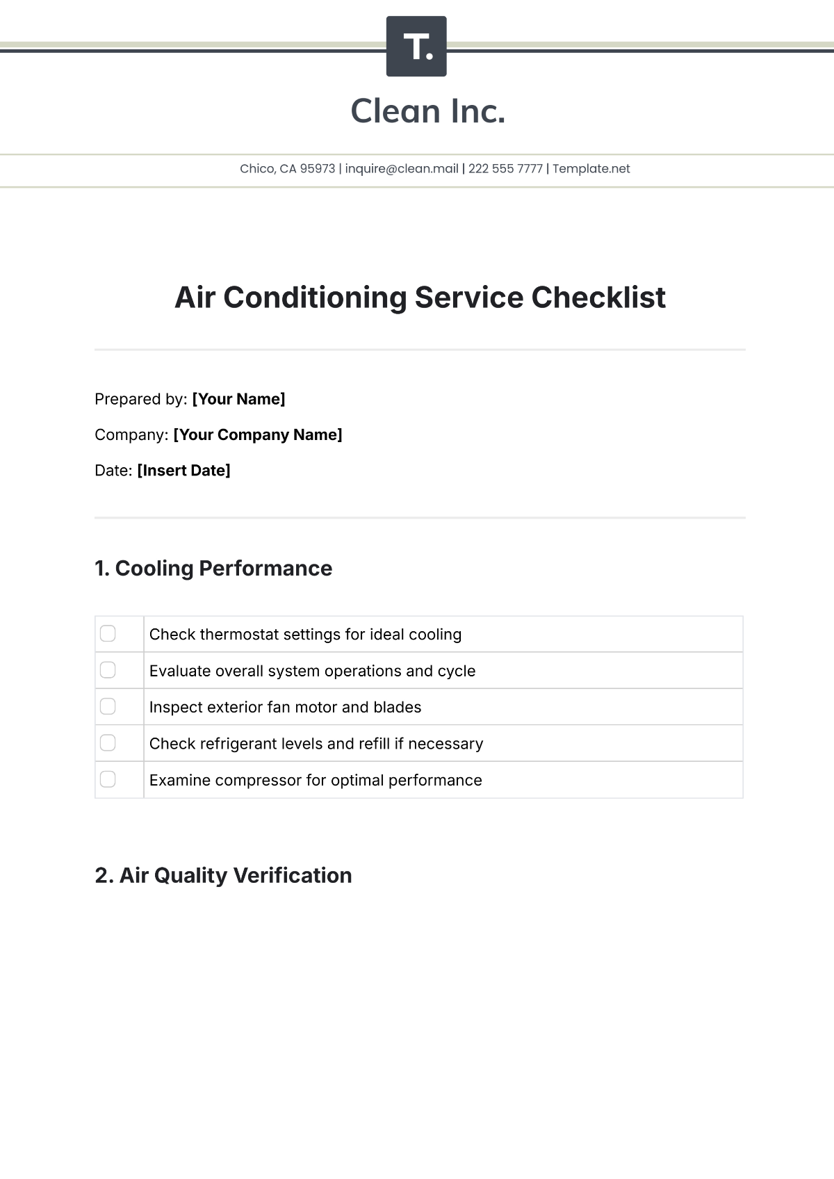 Air Conditioning Service Checklist Template - Edit Online & Download