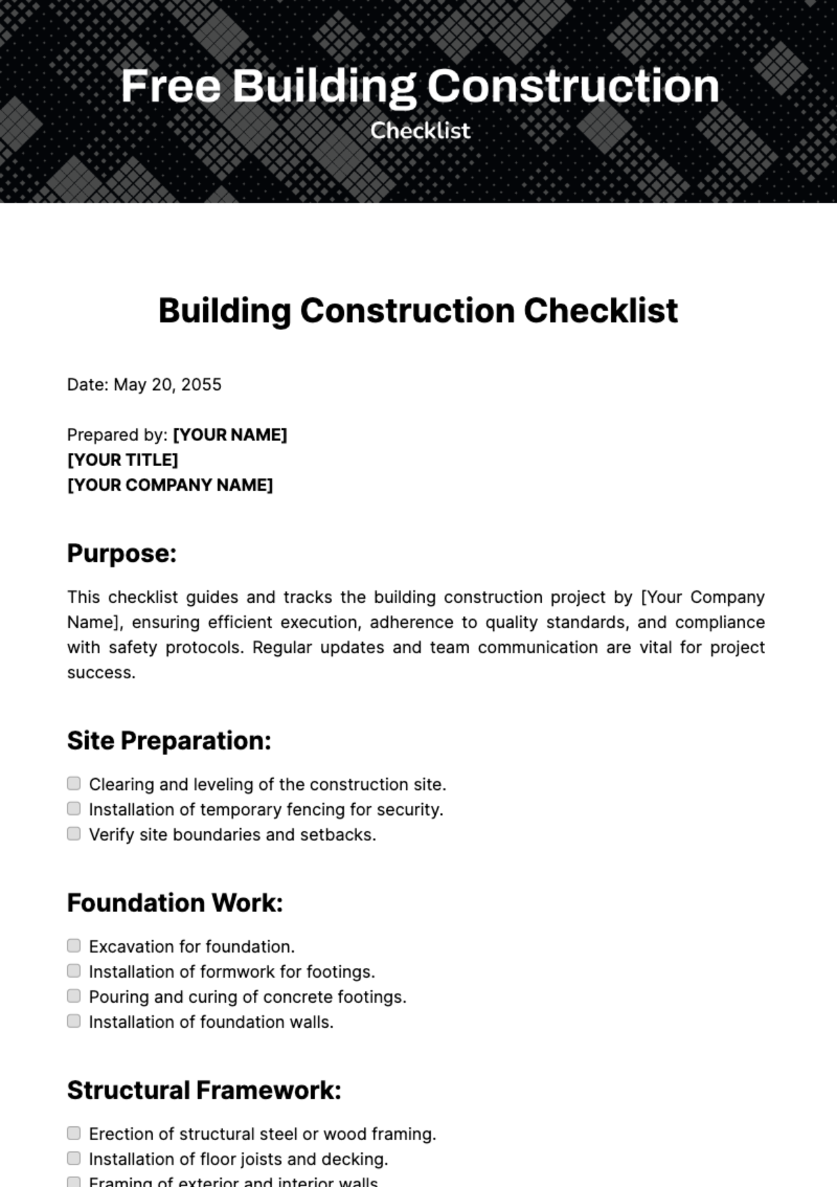 Free Building Construction Checklist Template