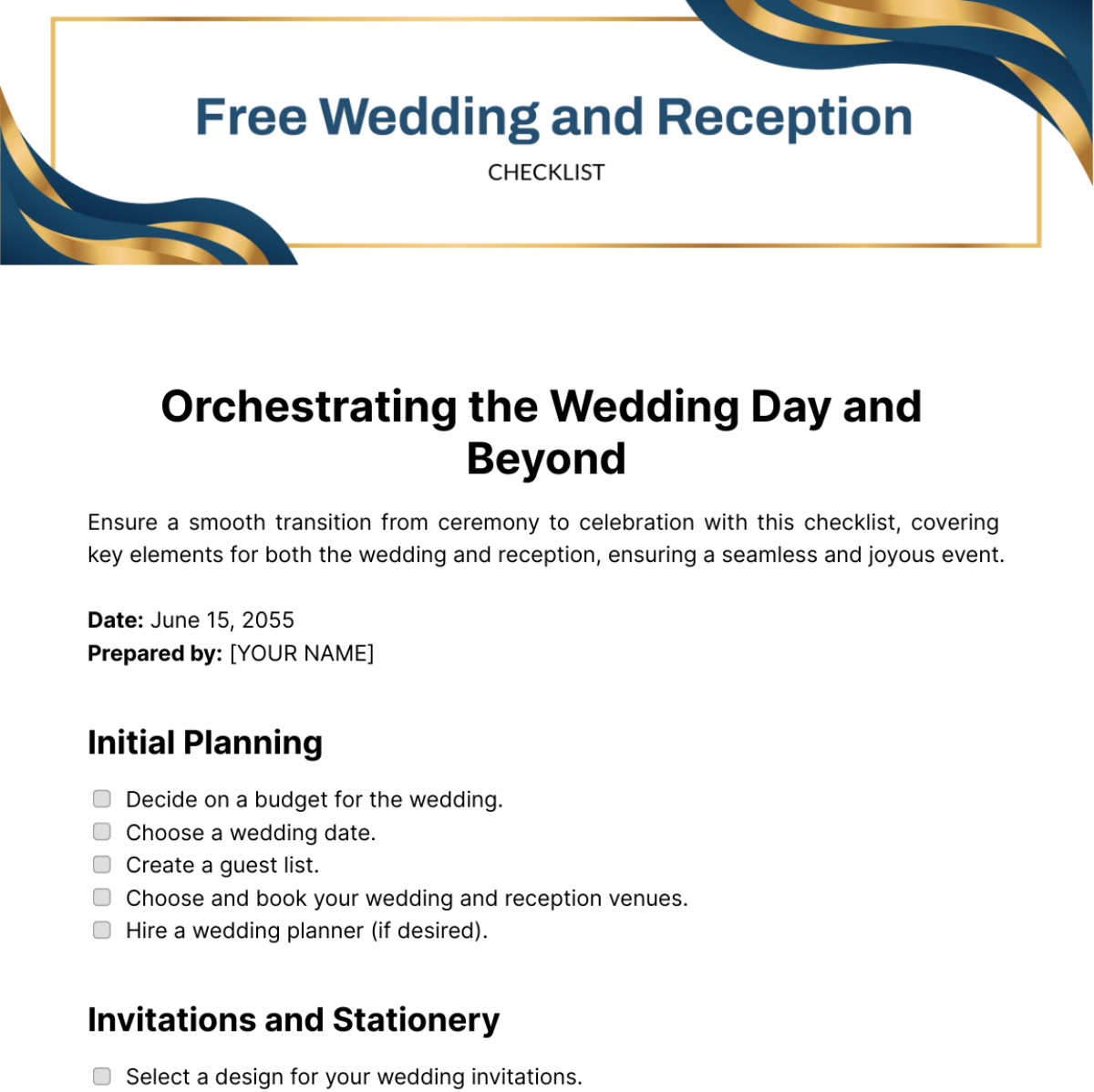 Wedding and Reception Checklist Template