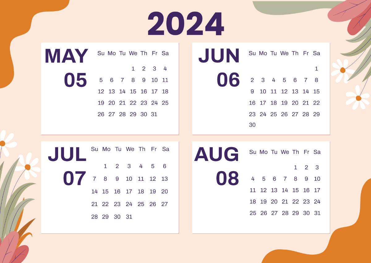 May to August 2024 Calendar Template