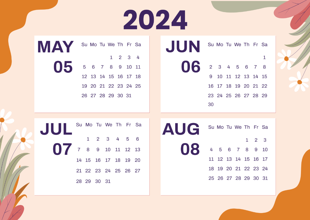 May To August 2024 Calendar Template Edit Online Download Example