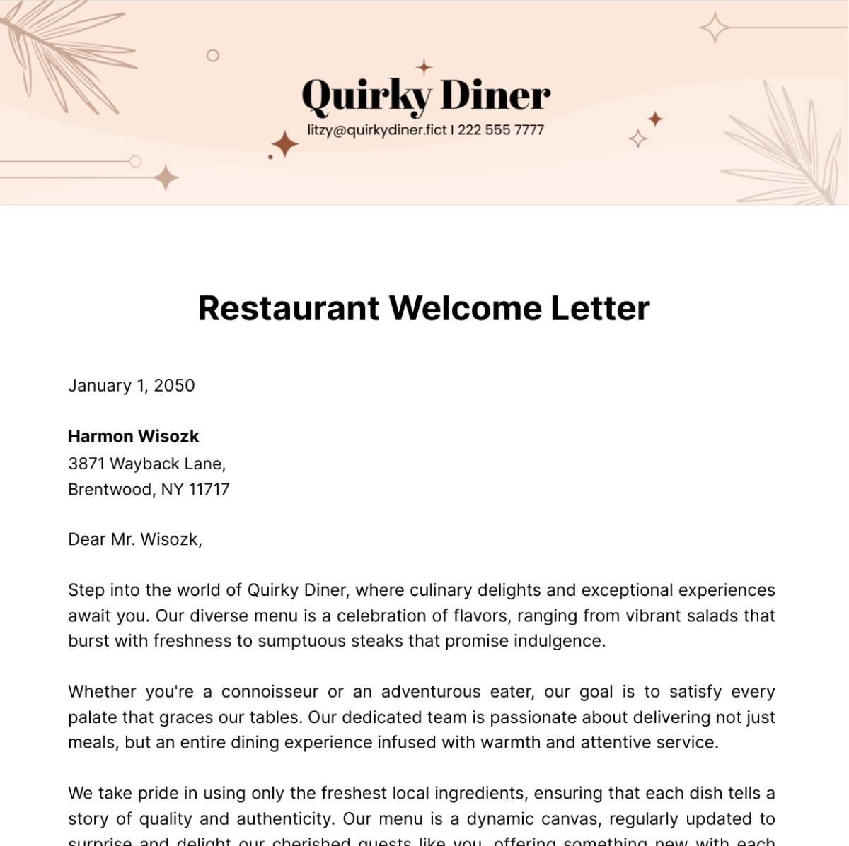Free Restaurant Welcome Letter Template