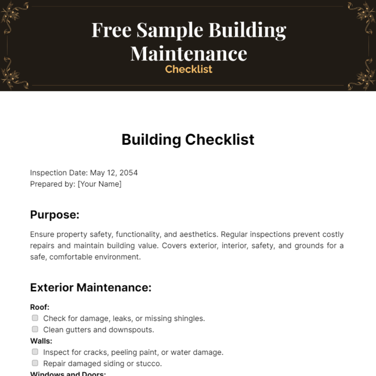 Sample Building Maintenance Checklist Template