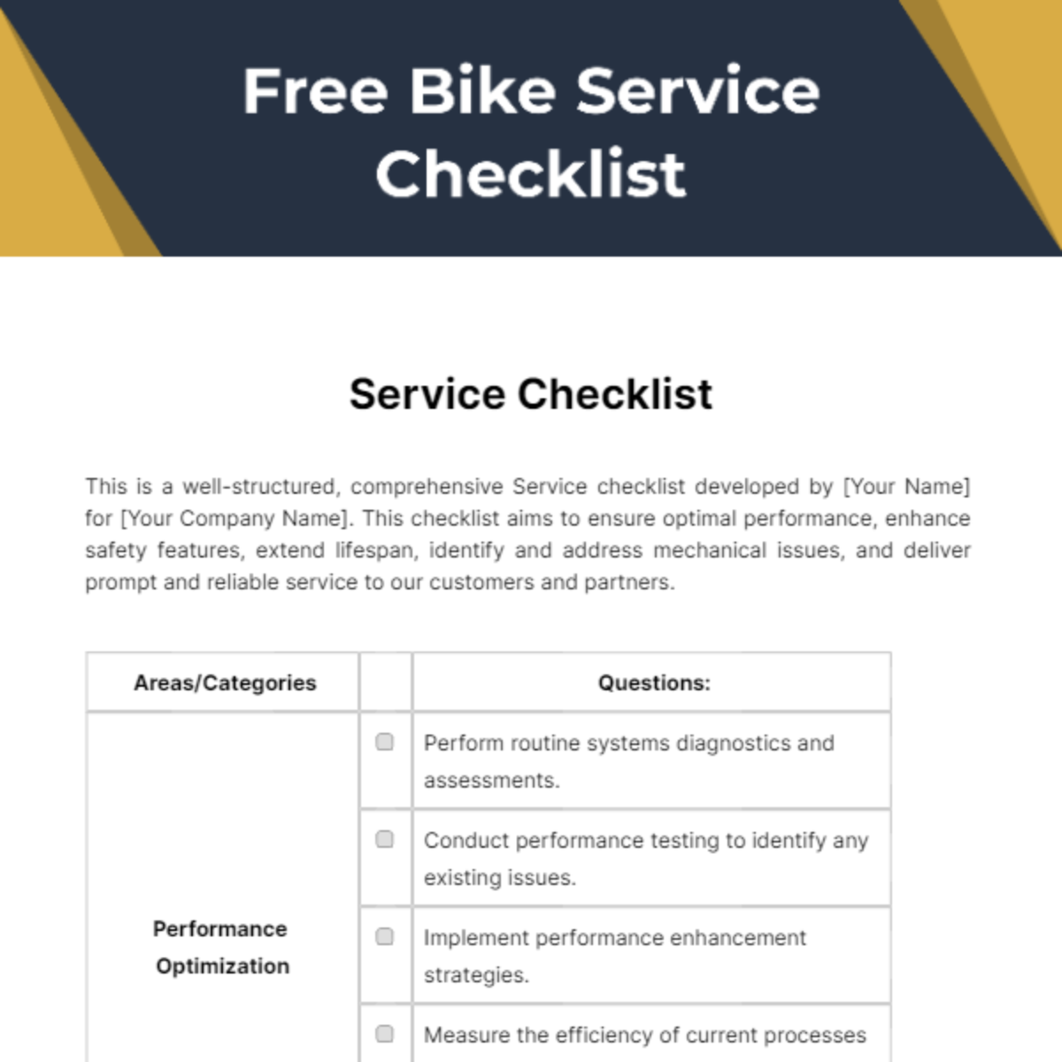 Free Bike Service Checklist Template