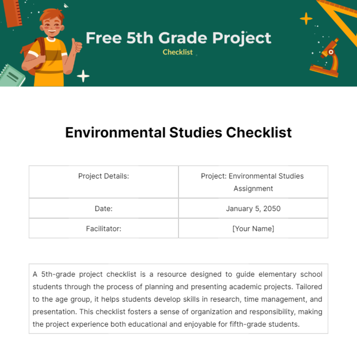 5th Grade Project Checklist Template