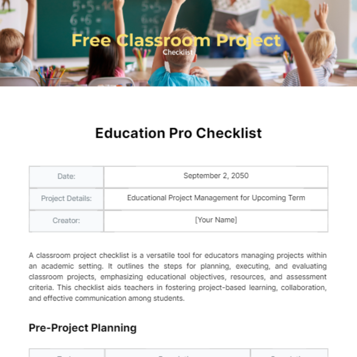 Classroom Project Checklist Template