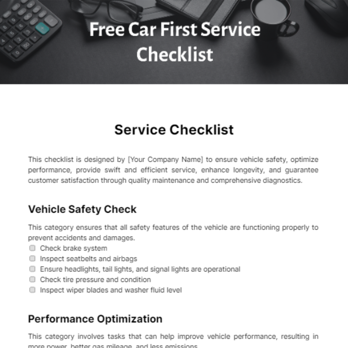 Car First Service Checklist Template