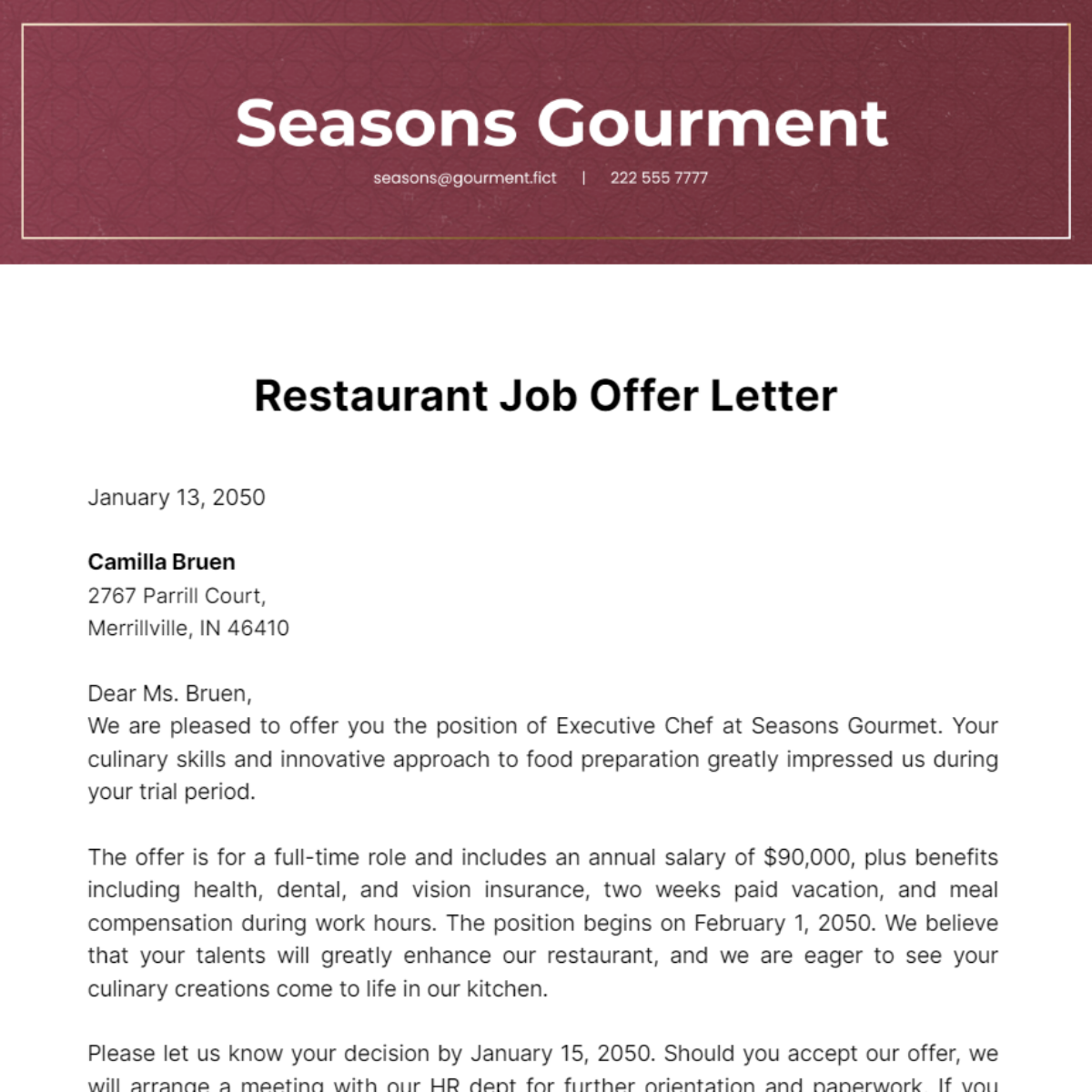 Restaurant Job Offer Letter Template