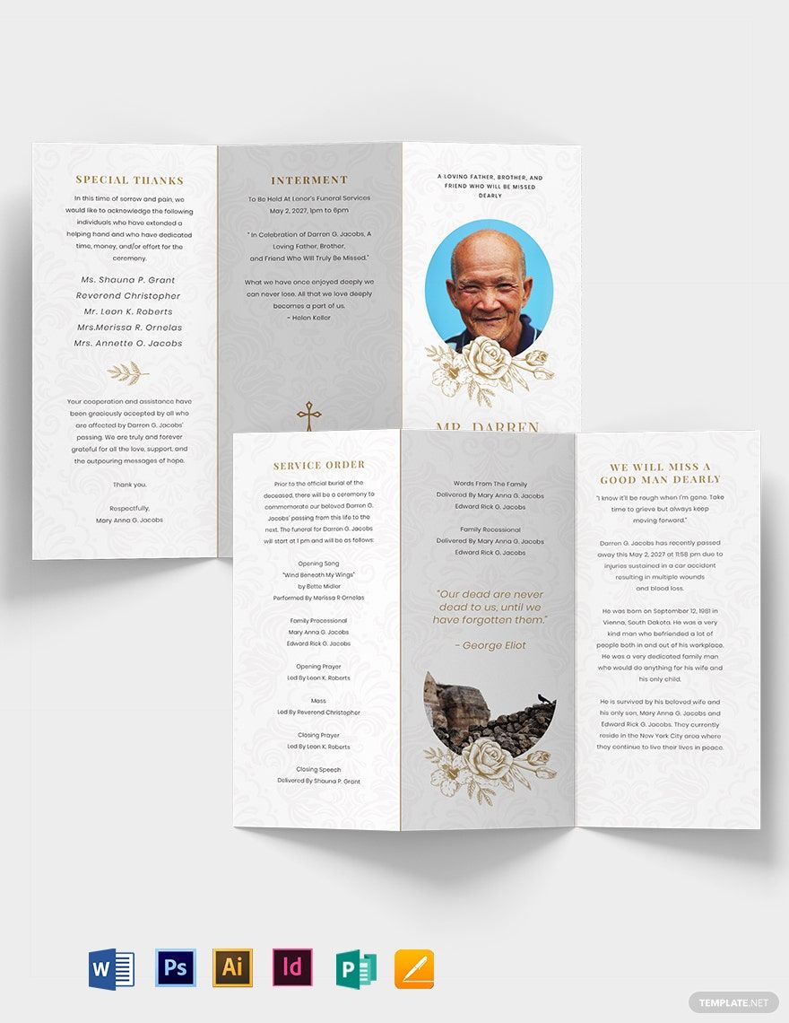 Free Blank Funeral Obituary Tri-Fold Brochure Template in Word, Google Docs, Illustrator, PSD, Apple Pages, Publisher, InDesign