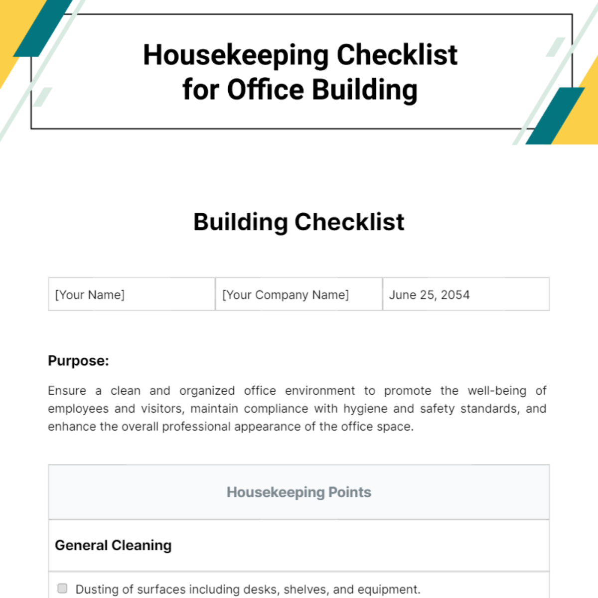 Housekeeping Checklist for Office Building Template
