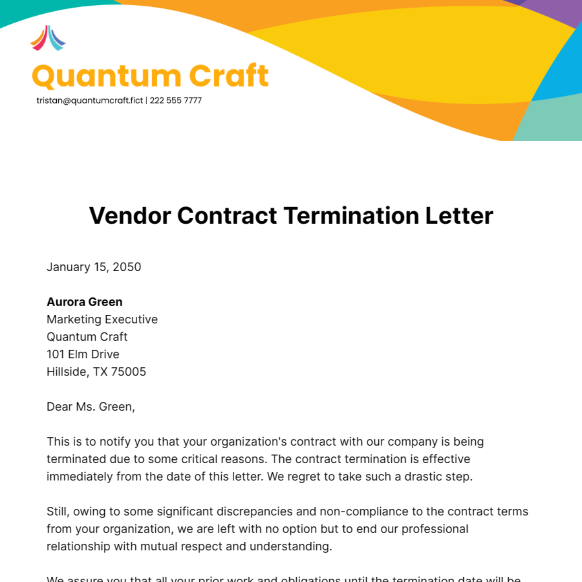 Vendor Contract Termination Letter Template