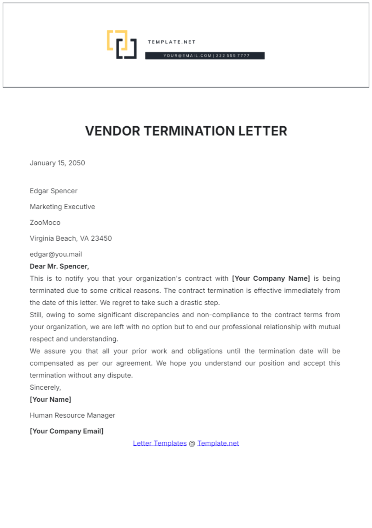 Vendor Termination Letter Template - Edit Online & Download