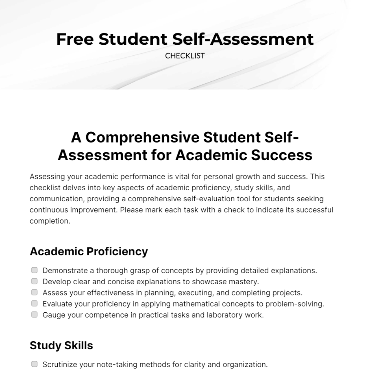 Student Self-Assessment Checklist Template