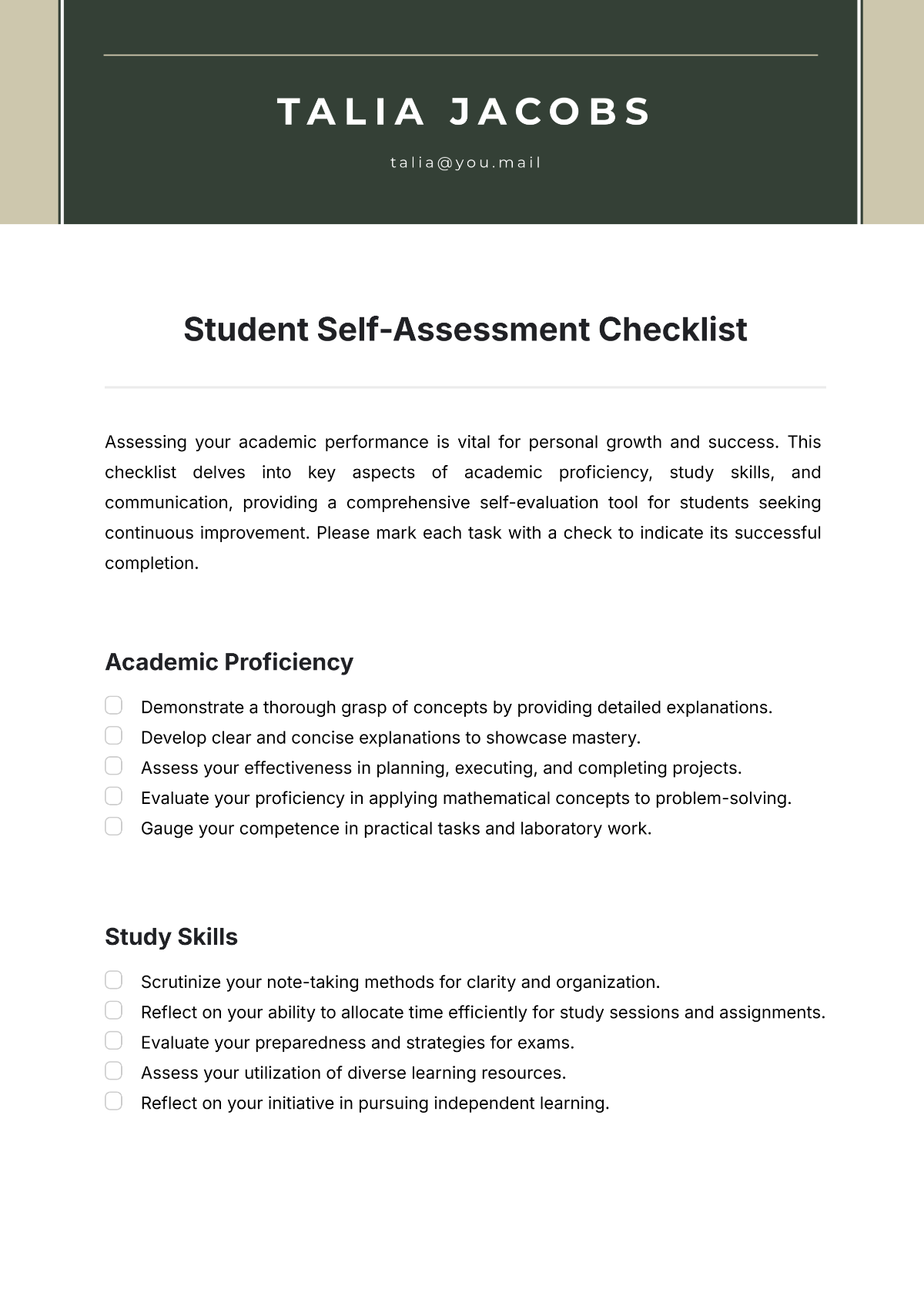 Free Student Self-Assessment Checklist Template