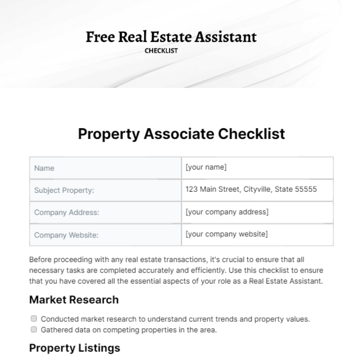 Real Estate Assistant Checklist Template