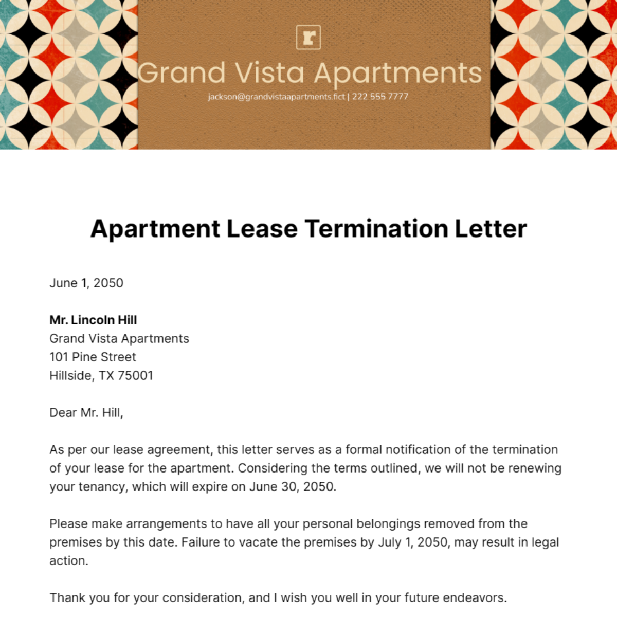 Apartment Lease Termination Letter Template