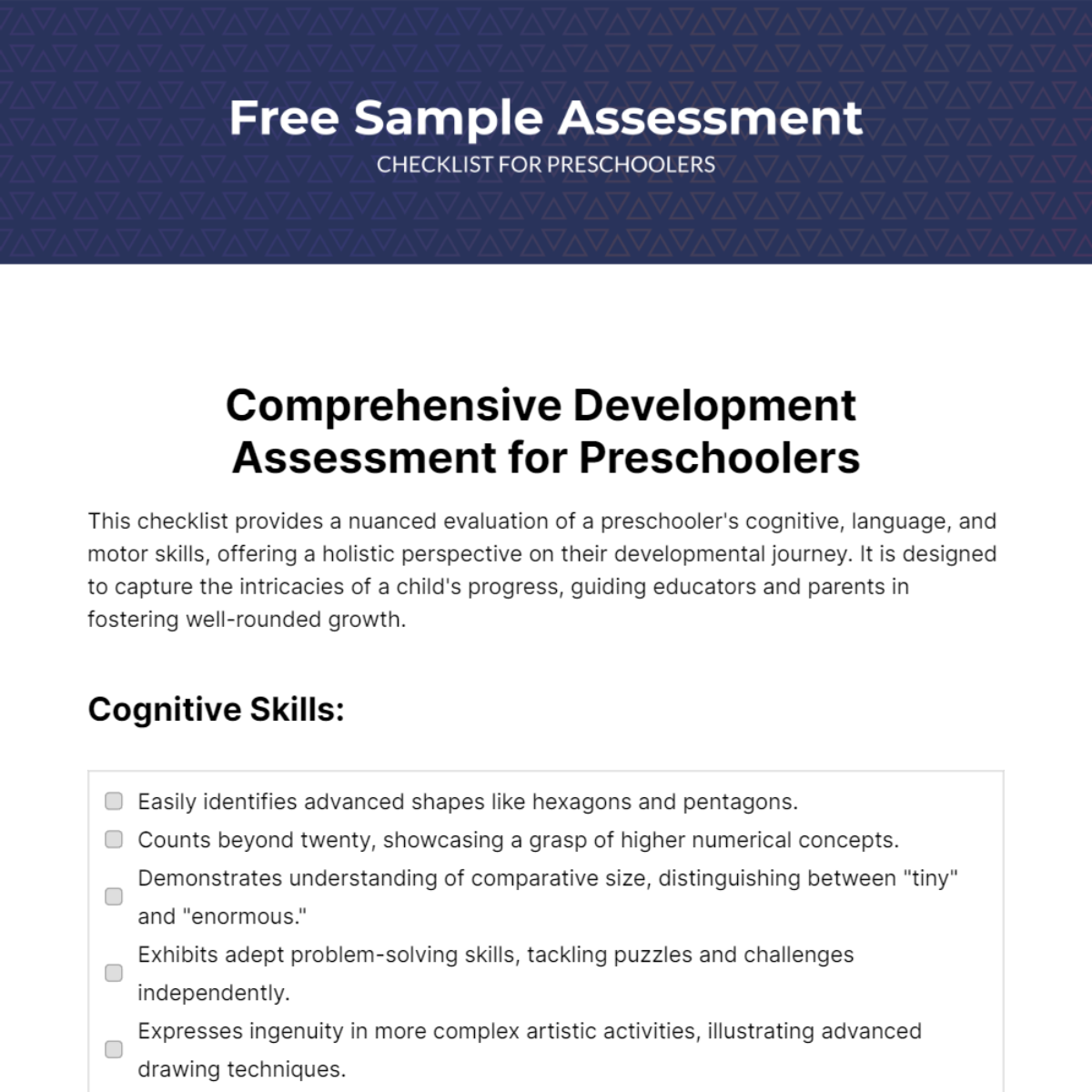 Sample Assessment Checklist for Preschoolers Template