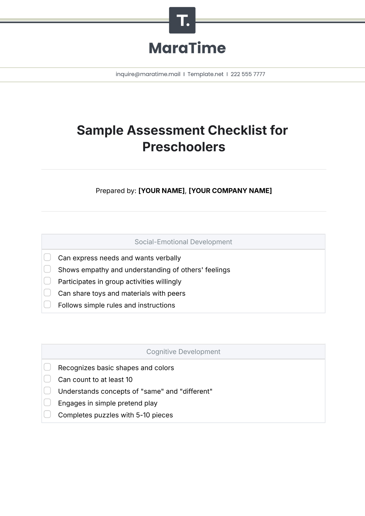 Free Sample Assessment Checklist for Preschoolers Template