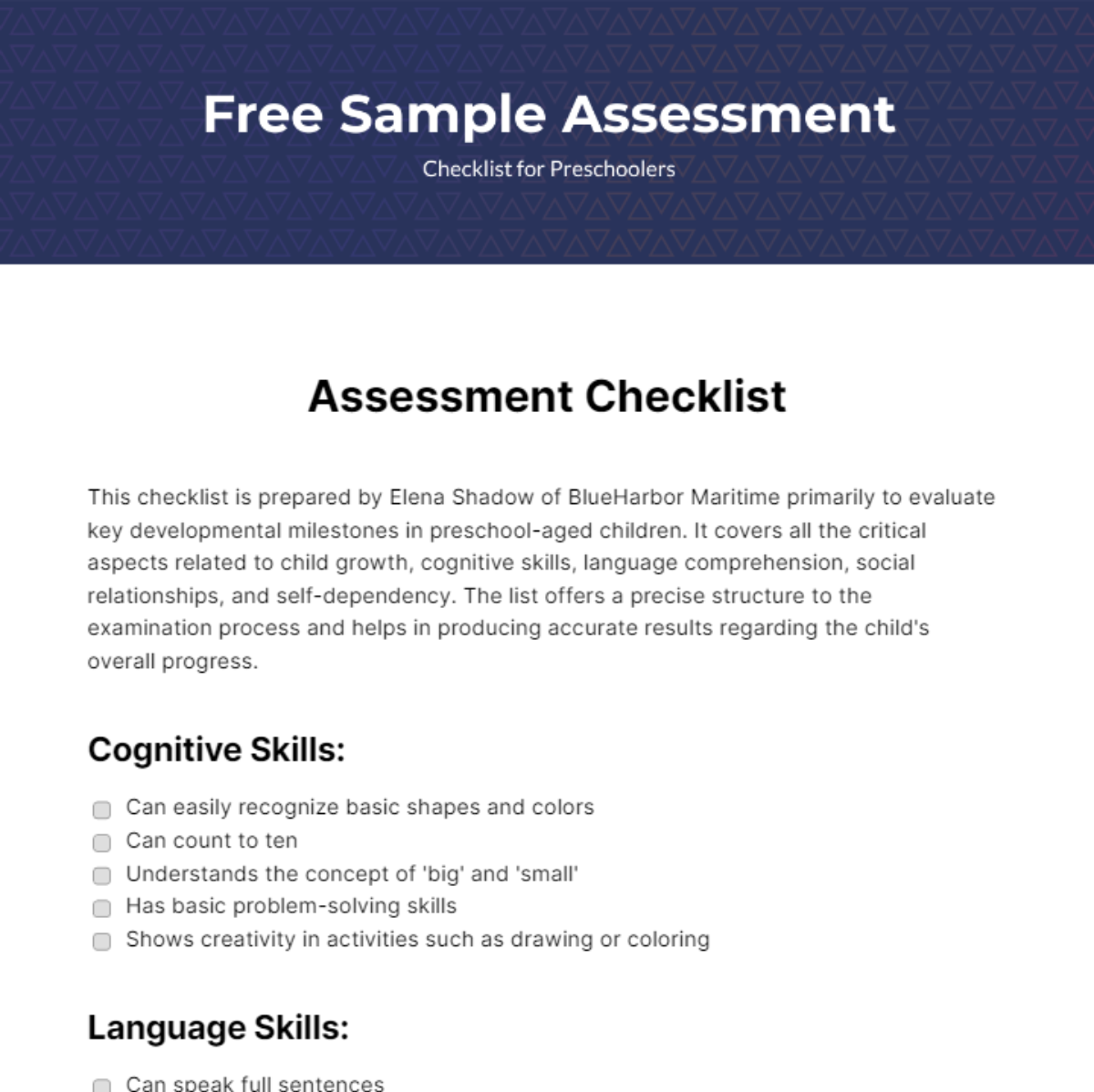 Sample Assessment Checklist for Preschoolers - Edit Online & Download ...