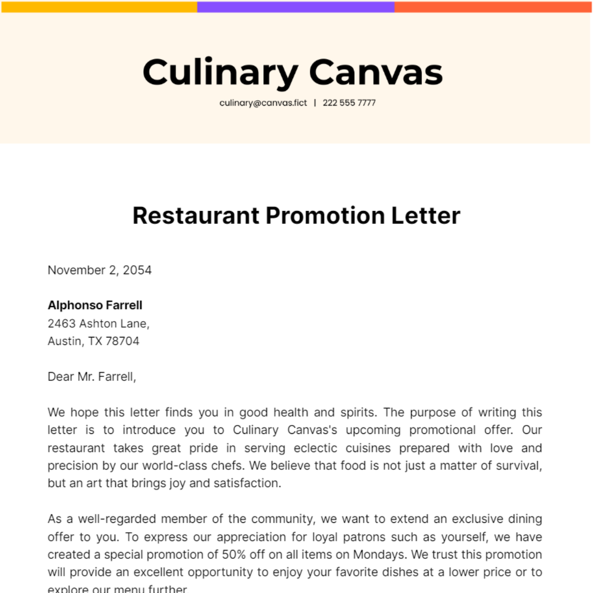 Free Restaurant Promotion Letter Template