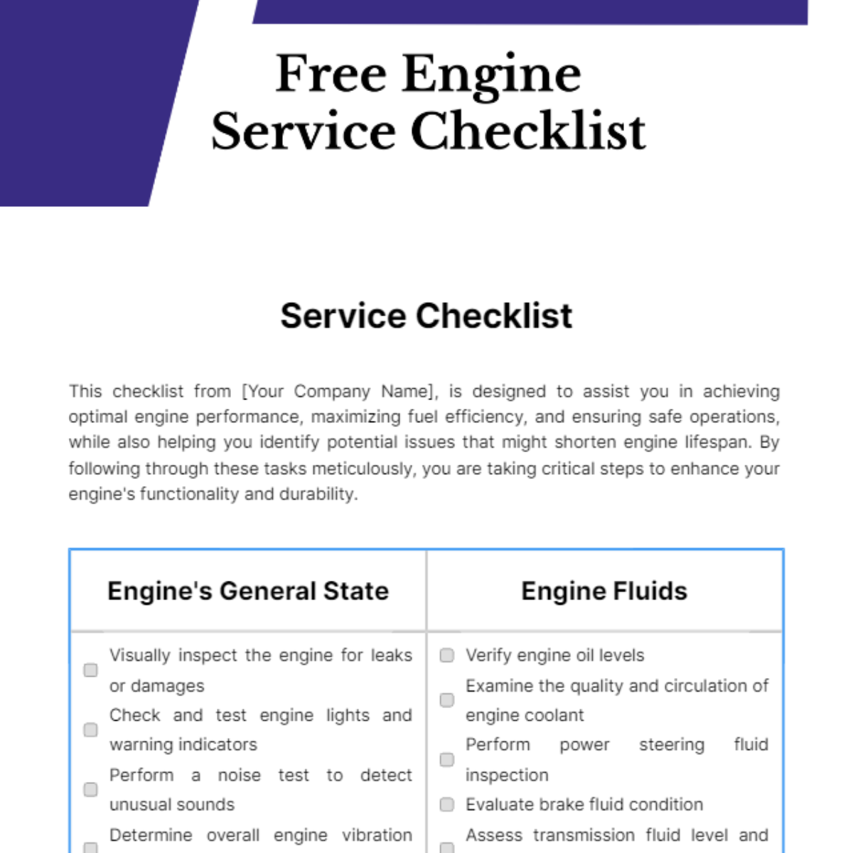 Free Engine Service Checklist Template