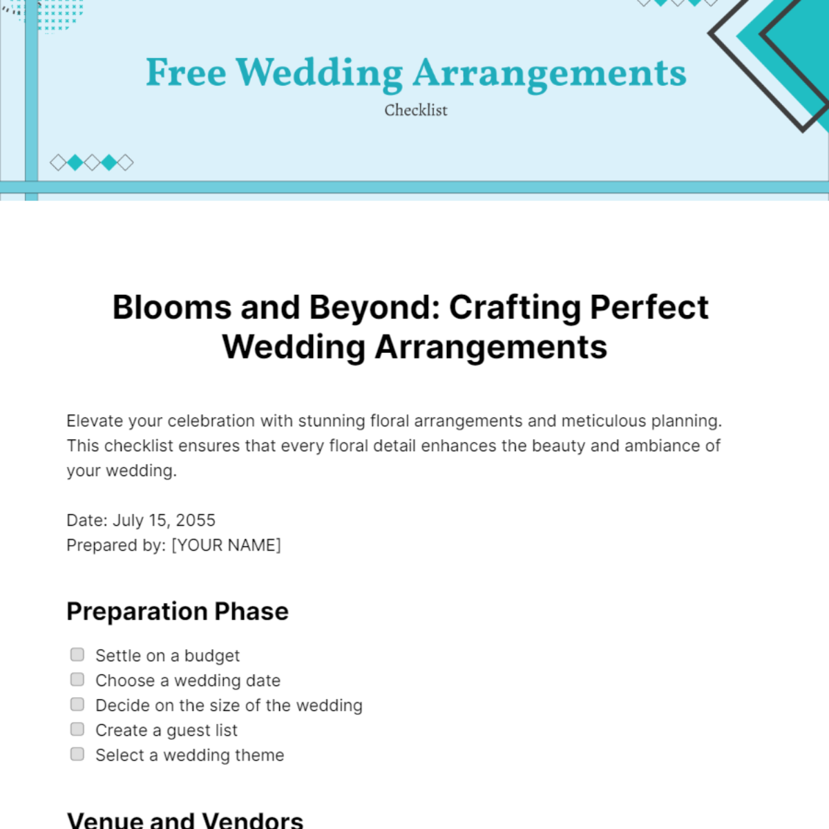 Wedding Arrangements Checklist Template