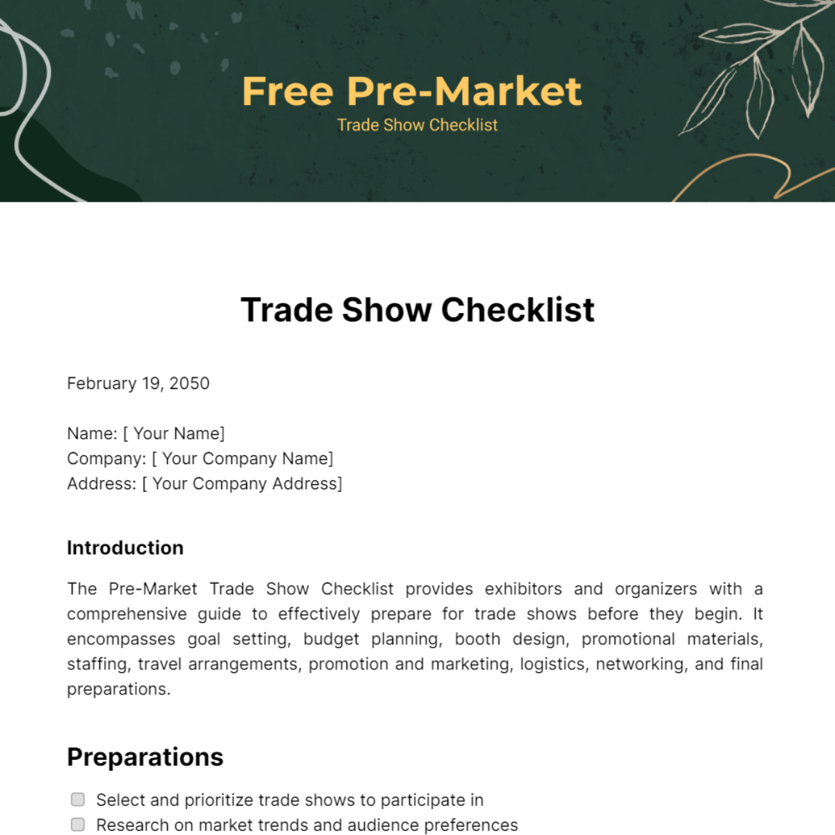 Pre Market Trade Show Checklist Template