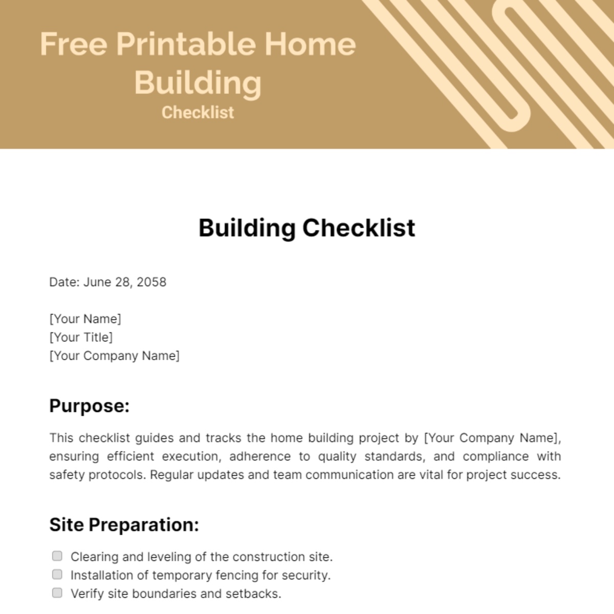 Printable Home Building Checklist Template