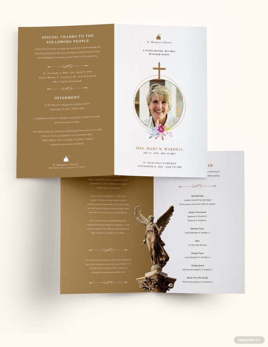 Catholic Funeral Obituary Bi-Fold Brochure Template