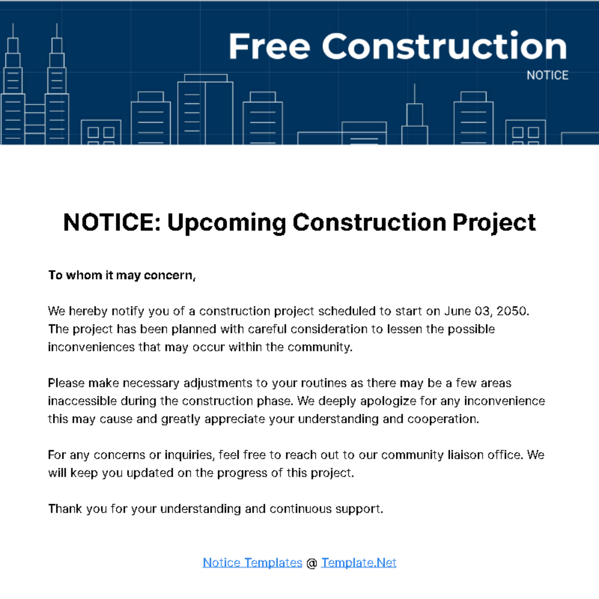 Free Construction Notice Template