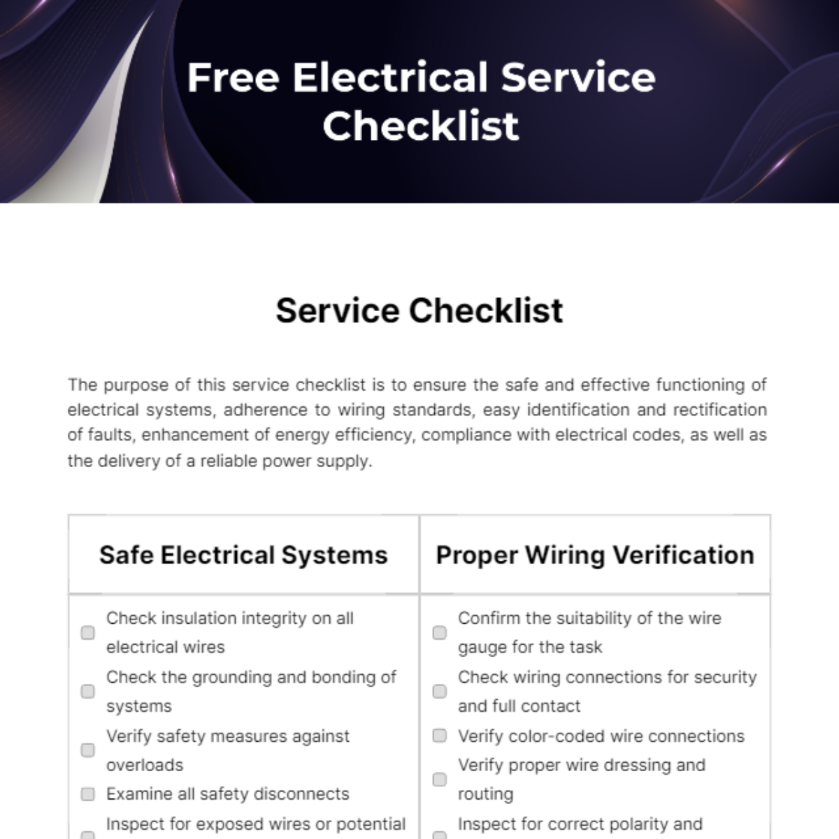 Free Electrical Service Checklist Template