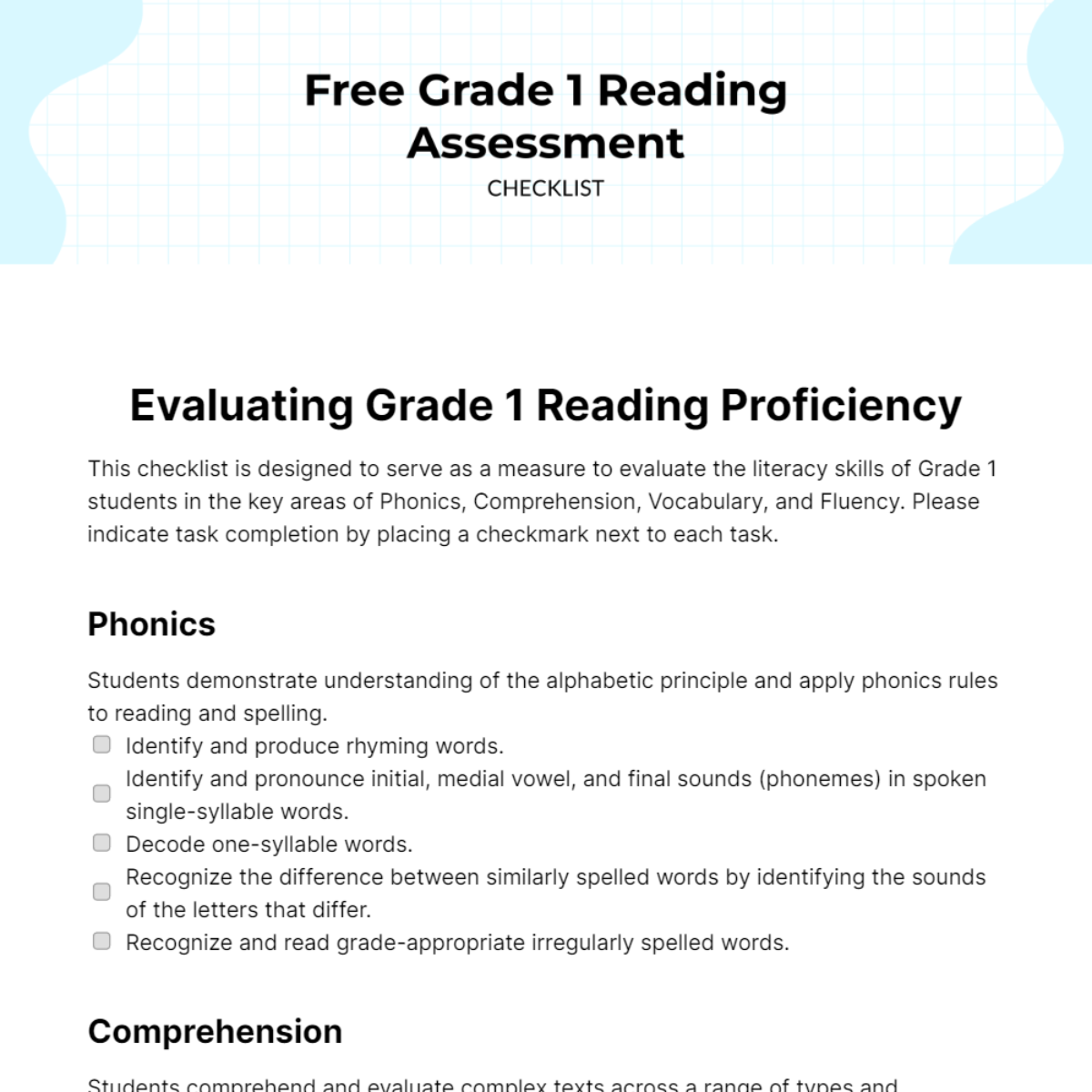 Grade 1 Reading Assessment Checklist Template