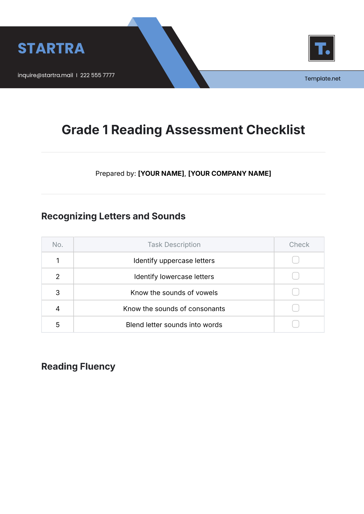 Free Grade 1 Reading Assessment Checklist Template