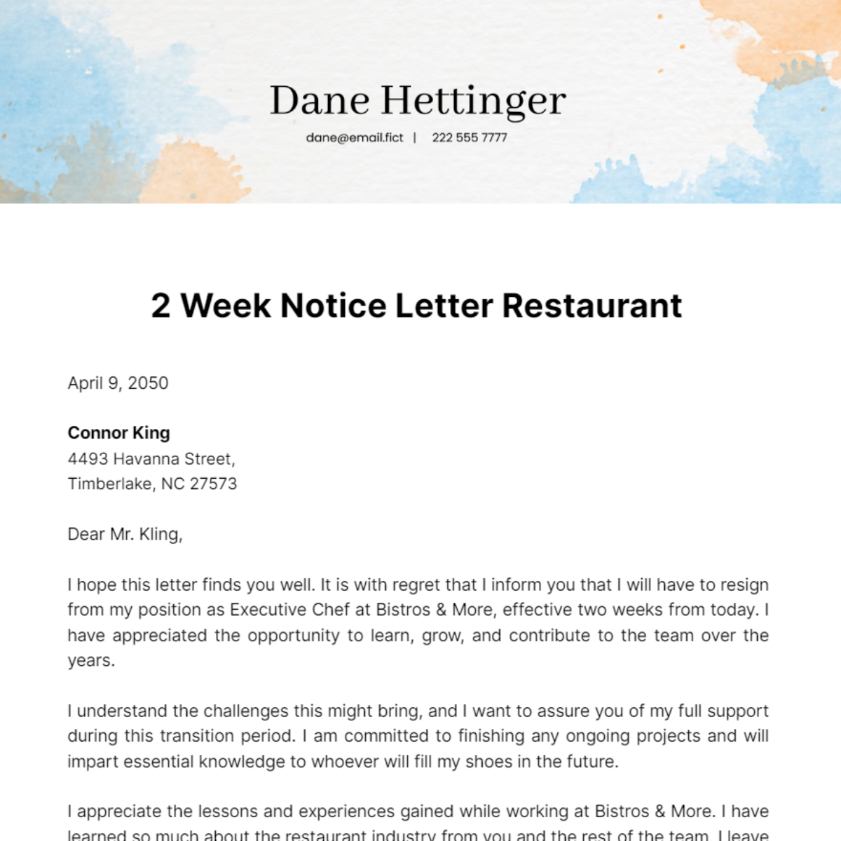 Free 2 Week Notice Letter Restaurant Template
