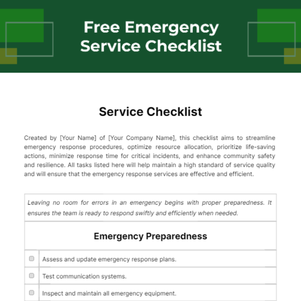 Free Emergency Service Checklist Template