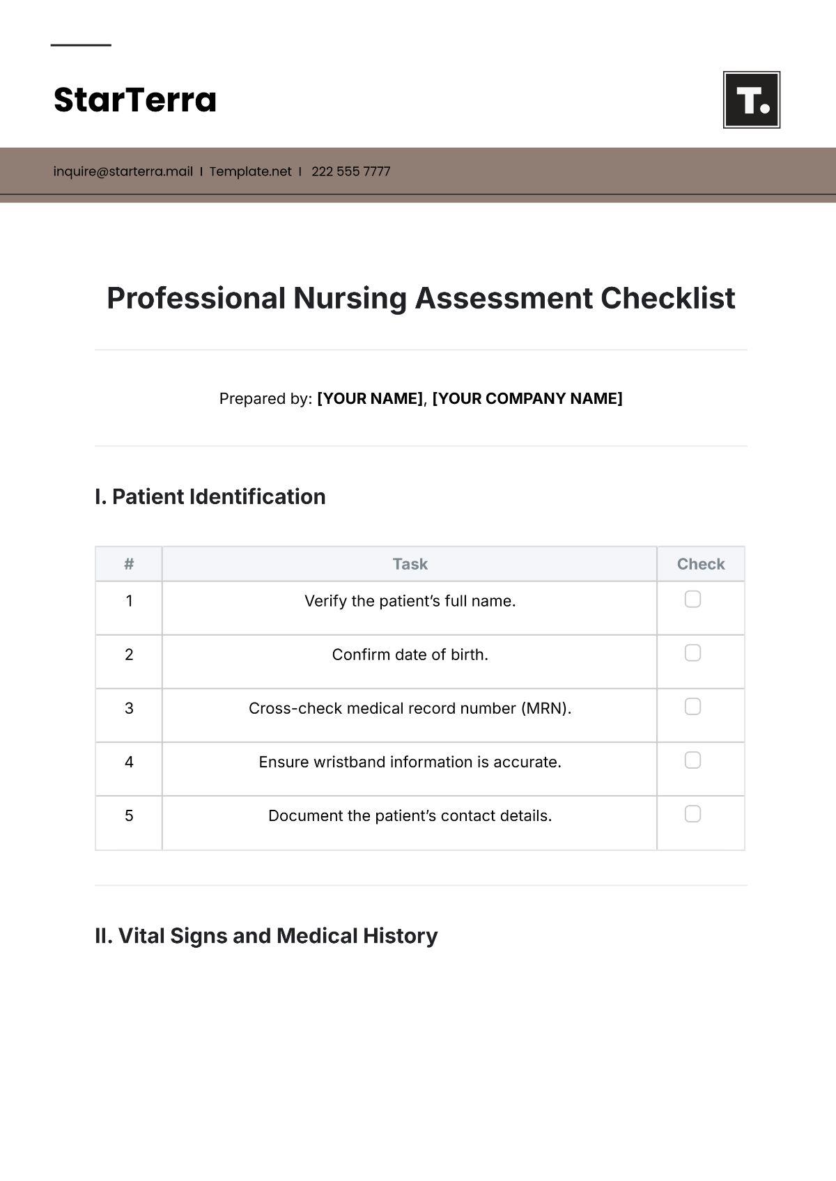 Free Professional Nursing Assessment Checklist Template